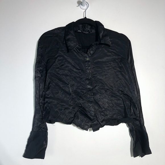 Zara Black Cropped Button Down 100% Viscose Shirt Size S - Picture 1 of 8
